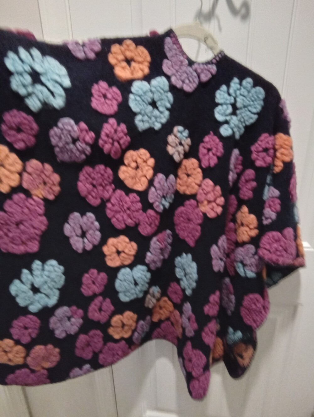 Chunky Flowers Wool Embroidered Ruana Wrap. One Size. Boho Chic Vibe Colorful - Picture 6 of 10